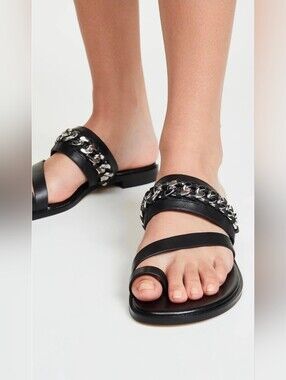 MICHAEL KORS Bergen MK Flat Sandals Sea Black Leather Gold Chain US Size 8.5
